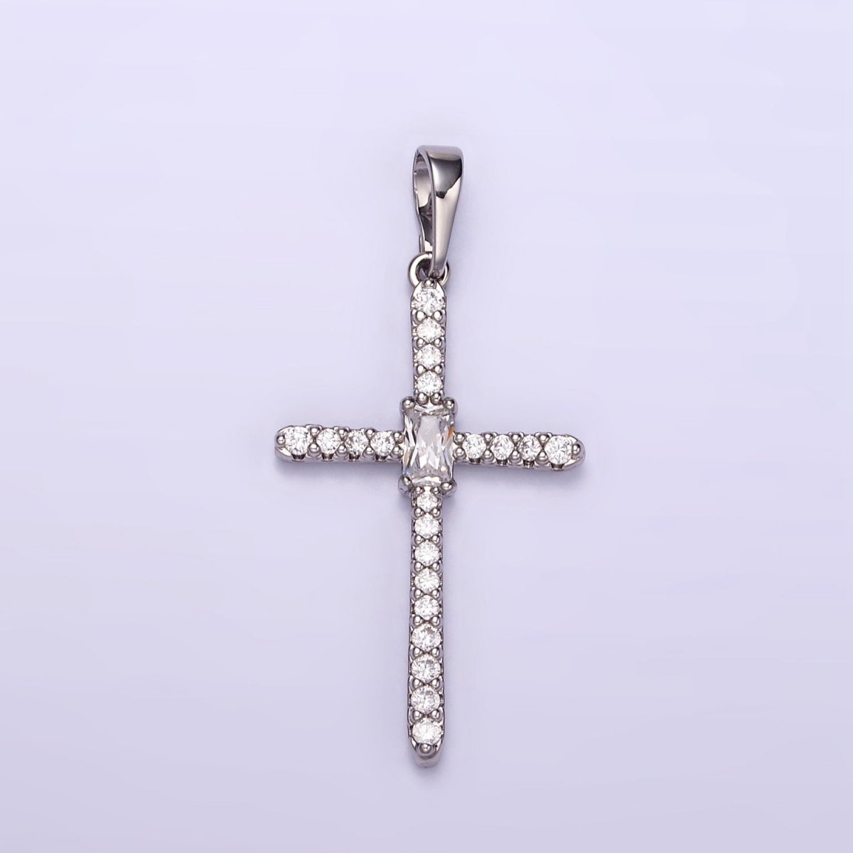 White Gold Filled Baguette Micro Paved CZ Religious Cross Pendant | I360 - DLUXCA