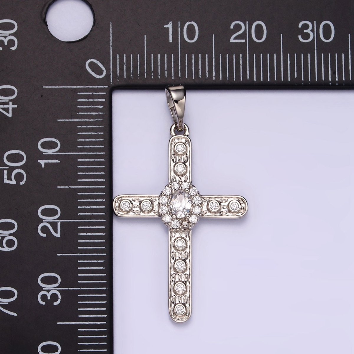 White Gold Filled Clear CZ Micro Paved Dotted Religous Cross Pendant | I364 - DLUXCA