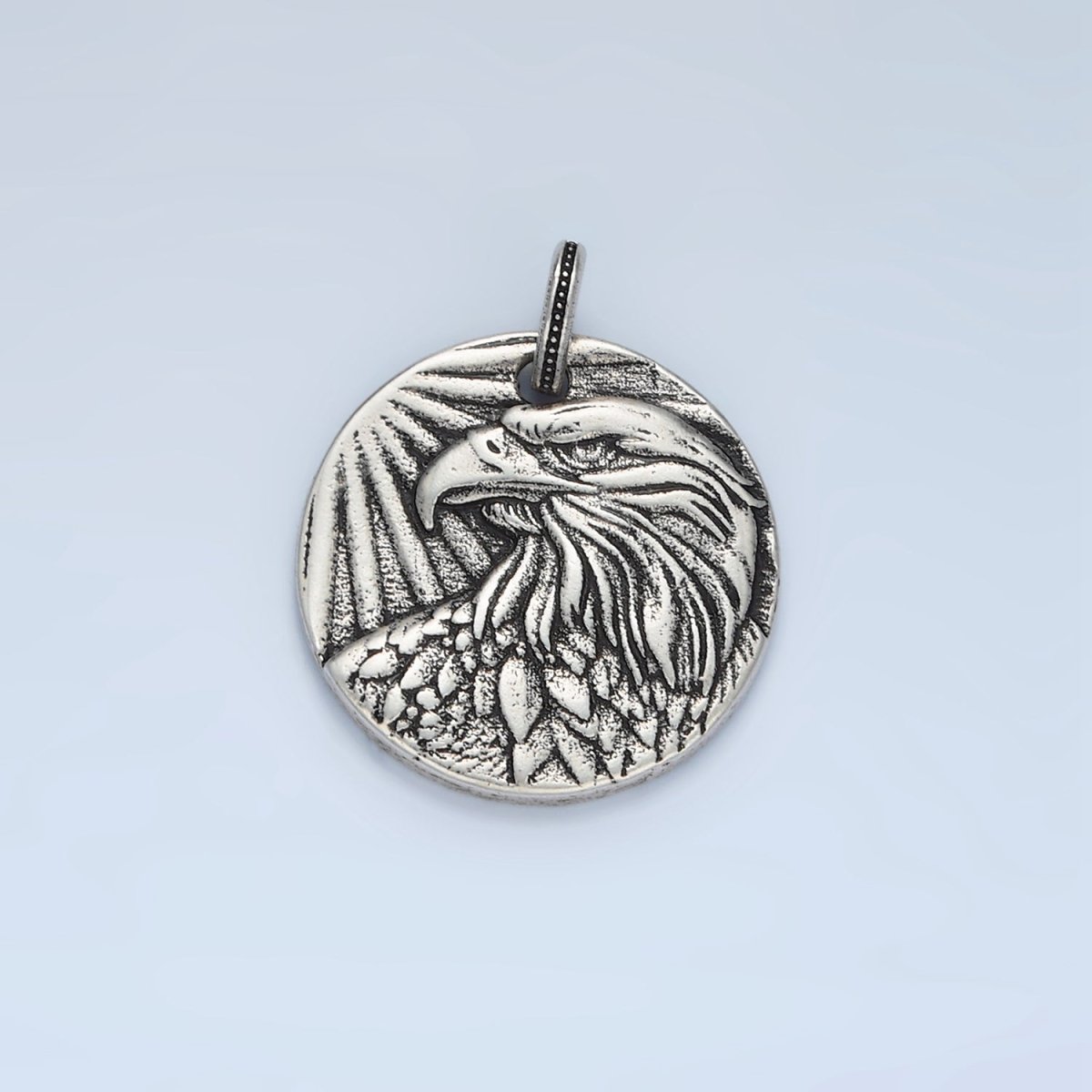 White Gold Filled Eagle Bird Animal Textured Oxidized Silver Round Charm | AC176 - DLUXCA