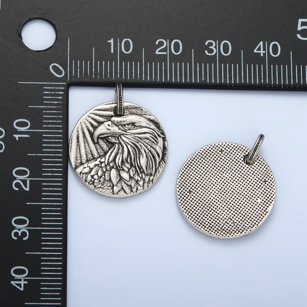 White Gold Filled Eagle Bird Animal Textured Oxidized Silver Round Charm | AC176 - DLUXCA