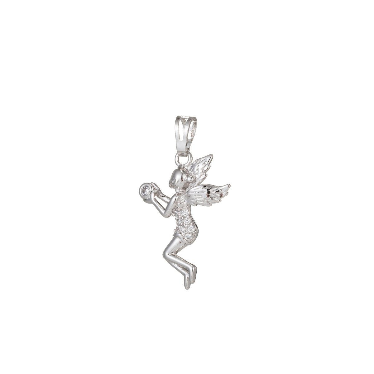 White Gold Filled Micro Pave CZ Fairy Pendant Charm, Micro Pave Fairy Pendant Charm, White Gold Filled Pendant, For DIY Jewelry Making I - 414 I - 509 - DLUXCA