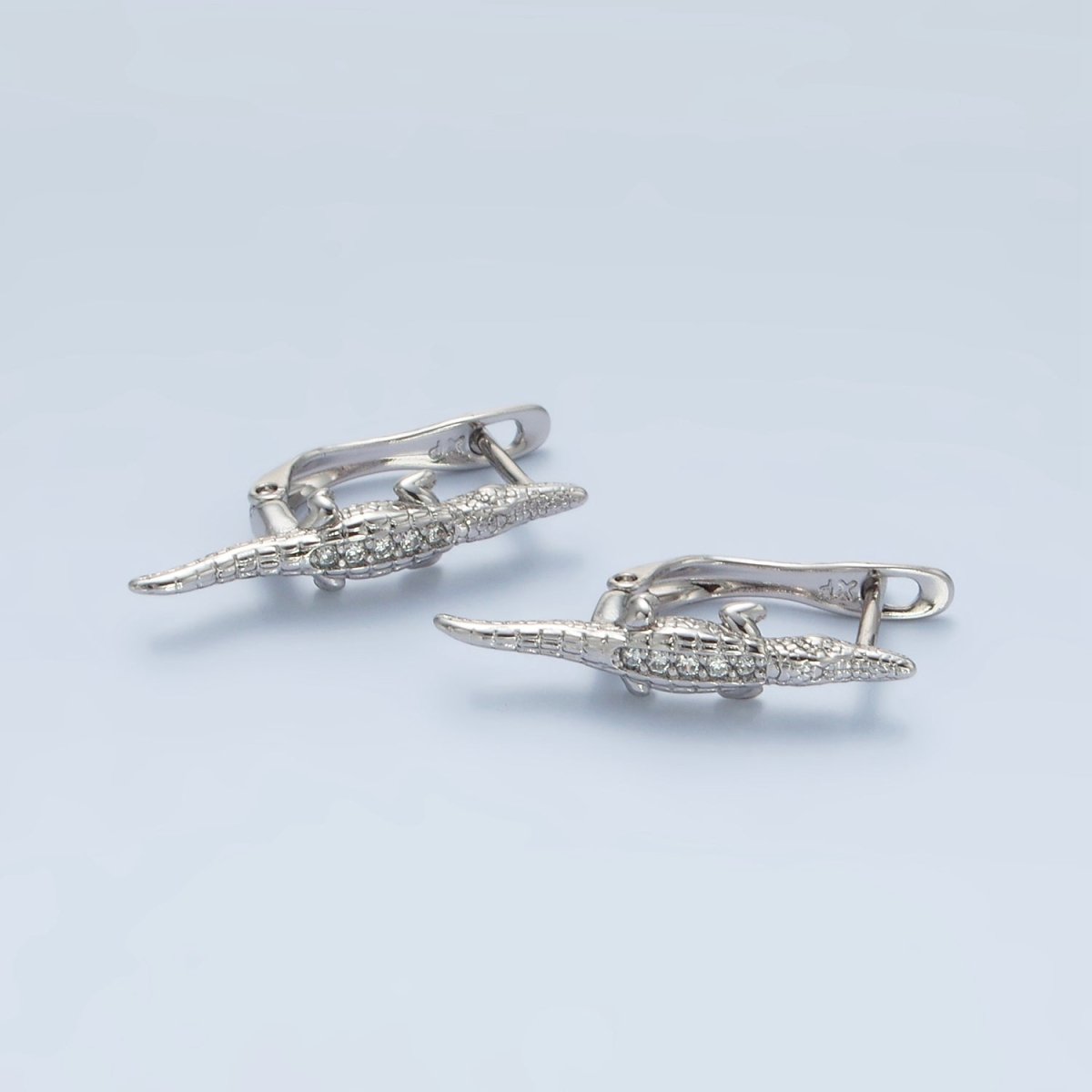White Gold Filled Micro Paved CZ Crocodile Alligator English Lock Earrings | AD669 - DLUXCA