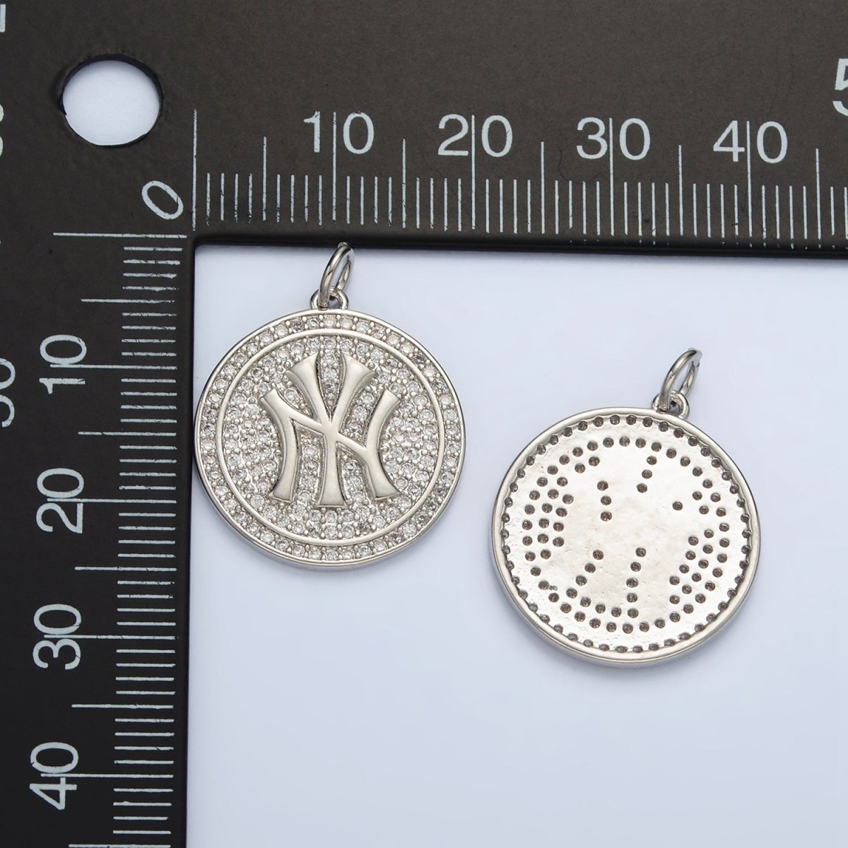White Gold Filled New York Script Micro Paved CZ Round Charm | AG867 - DLUXCA