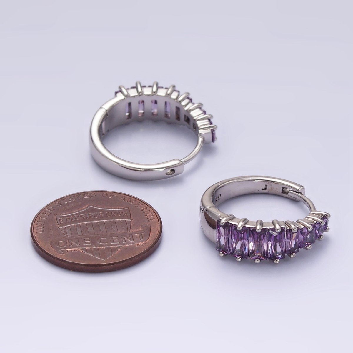 White Gold Filled Purple Baguette Lined 20mm Huggie Earrings | Q254 - DLUXCA