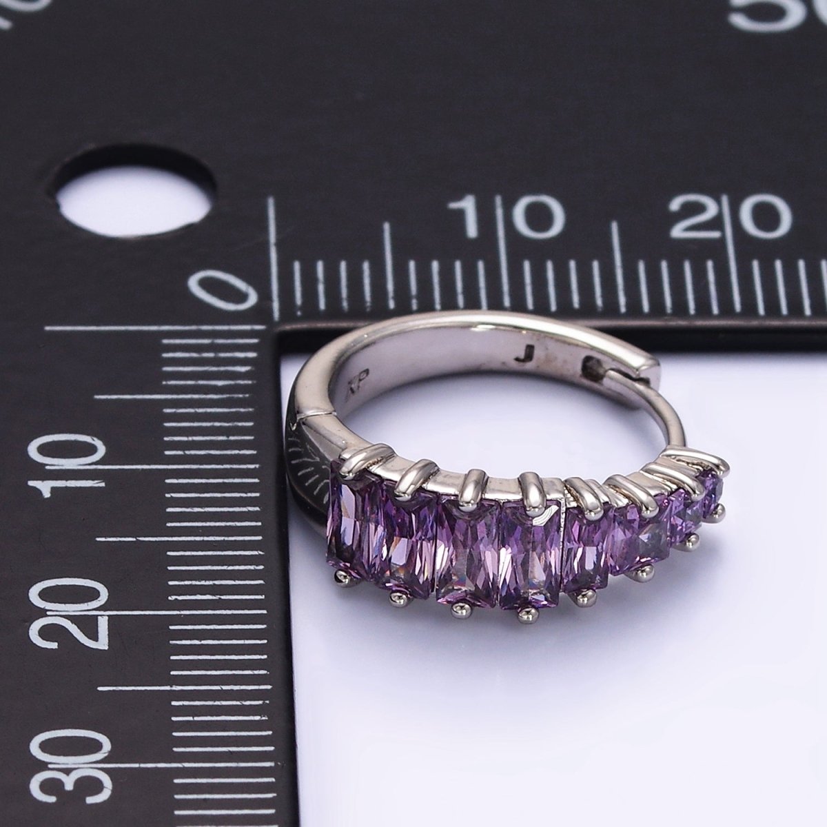 White Gold Filled Purple Baguette Lined 20mm Huggie Earrings | Q254 - DLUXCA