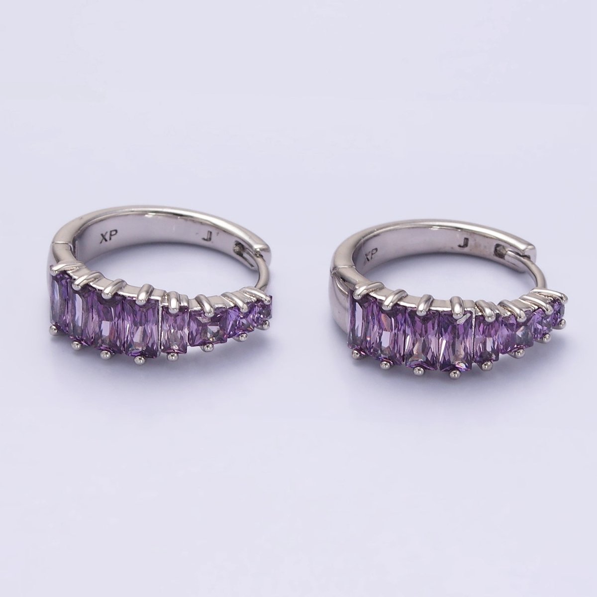 White Gold Filled Purple Baguette Lined 20mm Huggie Earrings | Q254 - DLUXCA