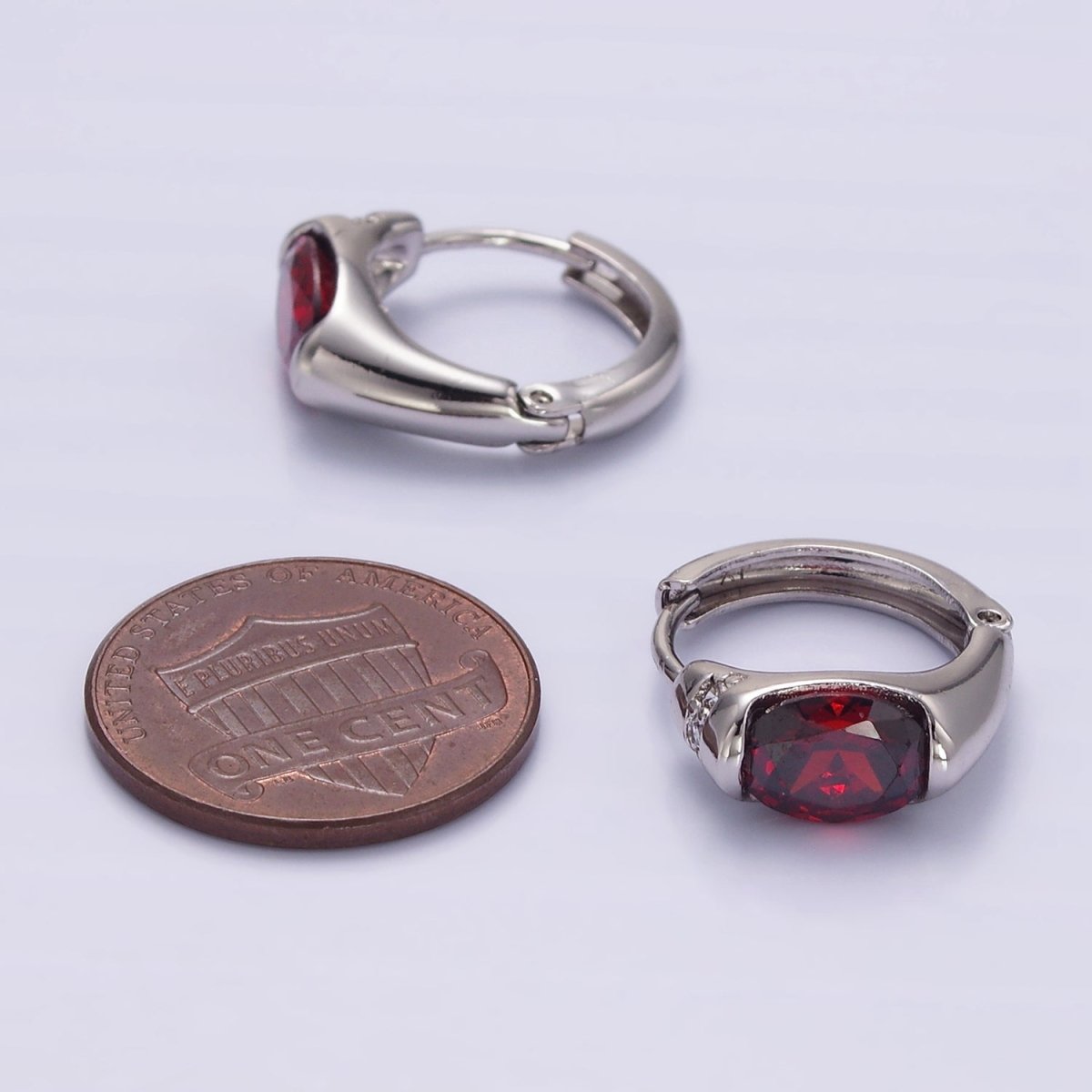 White Gold Filled Red CZ Micro Paved 15mm Huggie Earrings | Q274 - DLUXCA