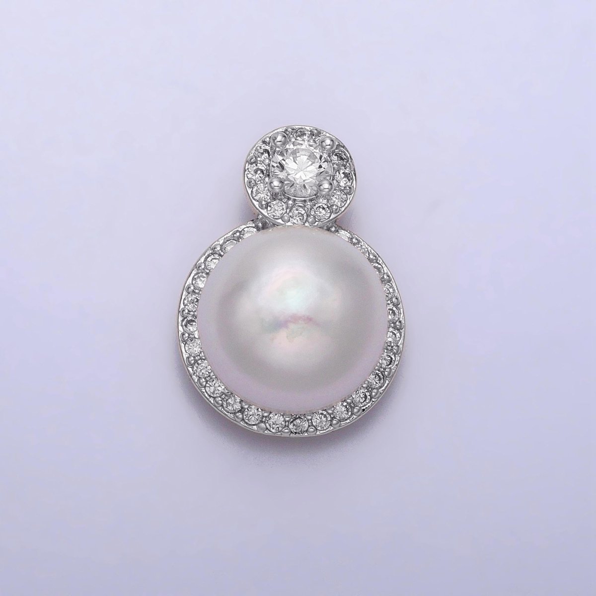 White Gold Filled Shell Pearl Round Micro Paved CZ Pendant | P1571 - DLUXCA