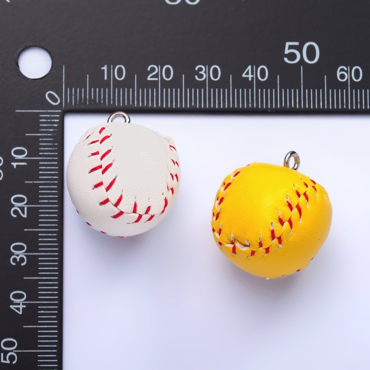 White Gold Filled White Baseball, Yellow Softball Leather Multidimensional 3D Charm | M466 - DLUXCA
