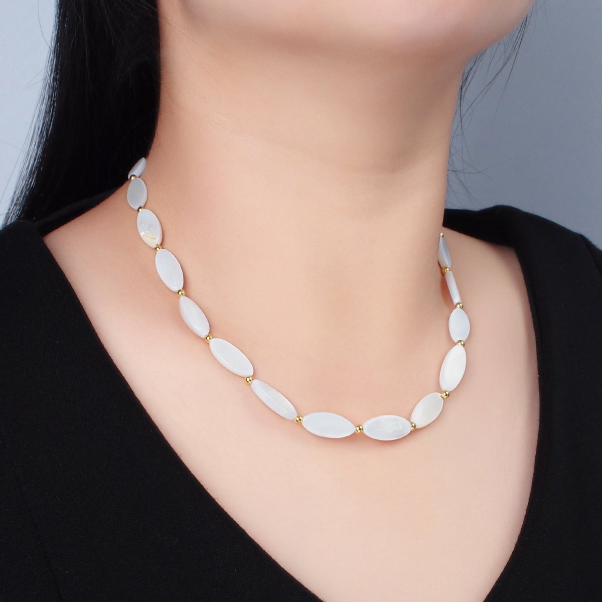 White Jade Beaded Chain Necklace 16.14 Inch with Extender | WA2582 - DLUXCA