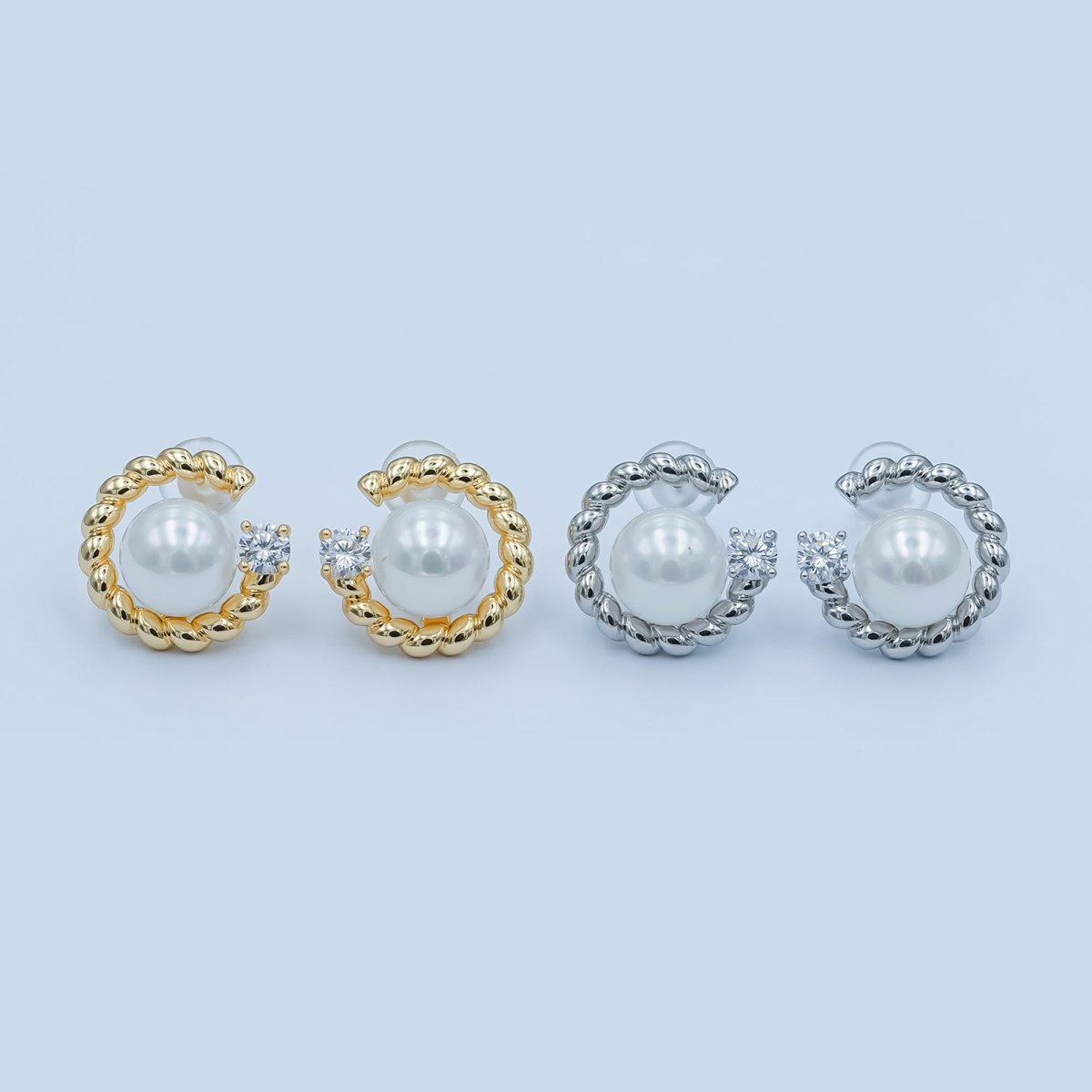 White Shell Pearl CZ Croissant C - Shaped Stud Earrings in Gold & Silver | AD1359 AD1360 - DLUXCA