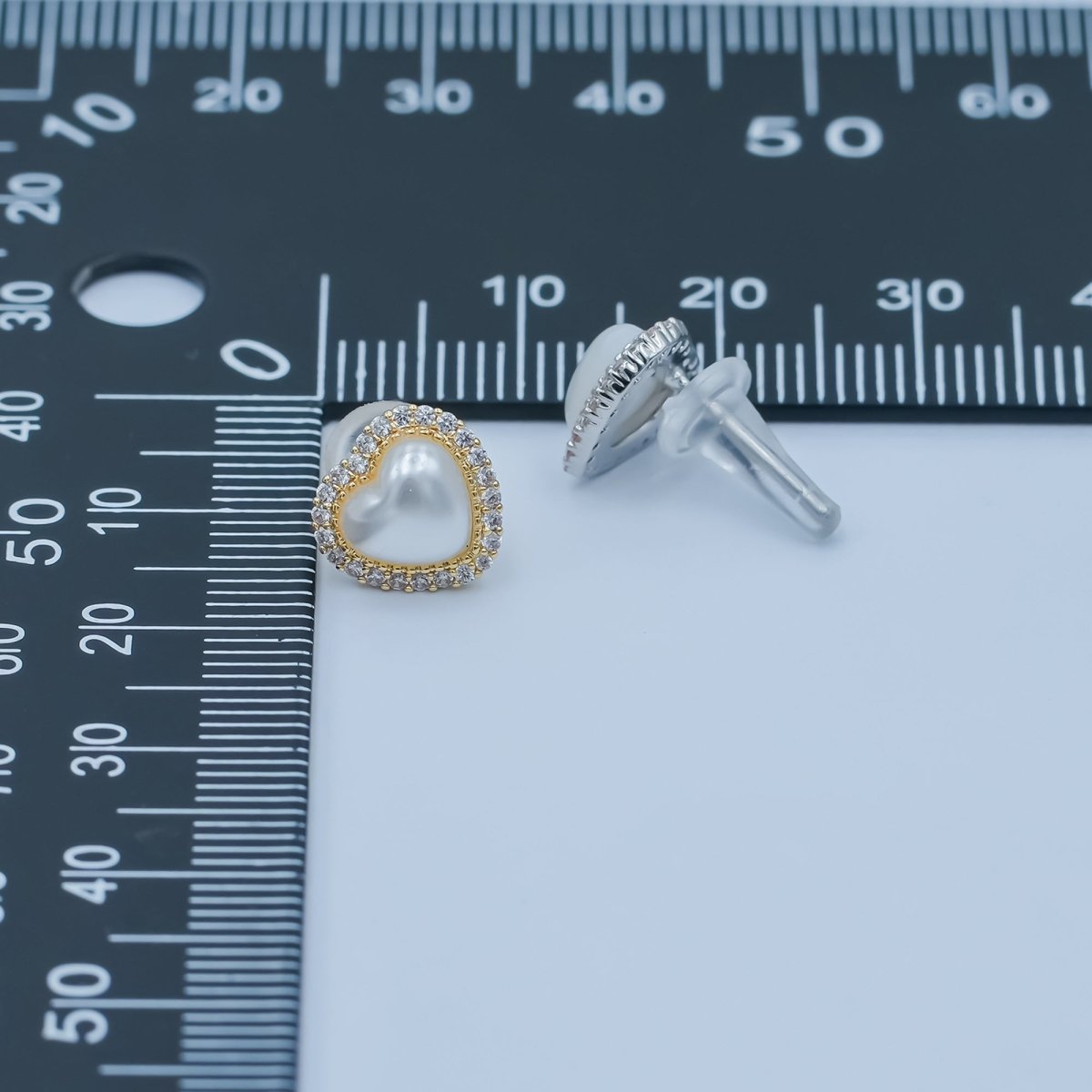 White Shell Pearl Micro Paved CZ Bezel Stud Earrings in Gold & Silver | AE886 AE888 - DLUXCA