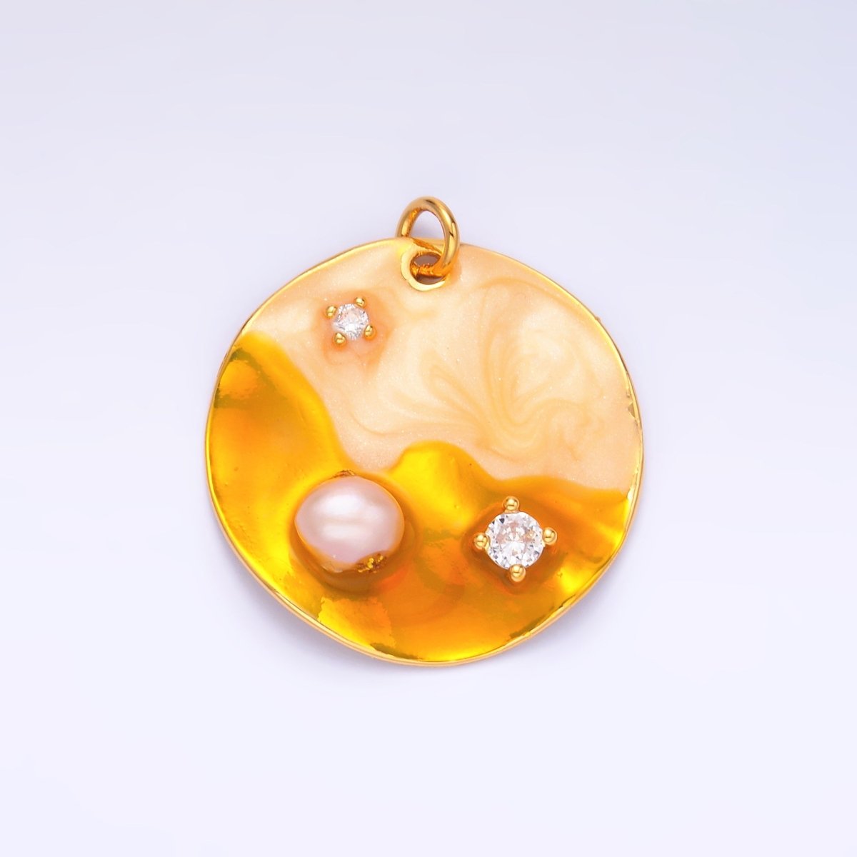 Yellow Gold Coin Charm enamel with pearl beads 24k Gold Filled M - 258 - DLUXCA