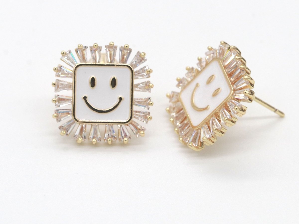 1 pair Dainty Happy face Square stud earrings, gold Enamel smile stud, smiley earrings, kawaii Cute earring emoji earrings korean earring - DLUXCA