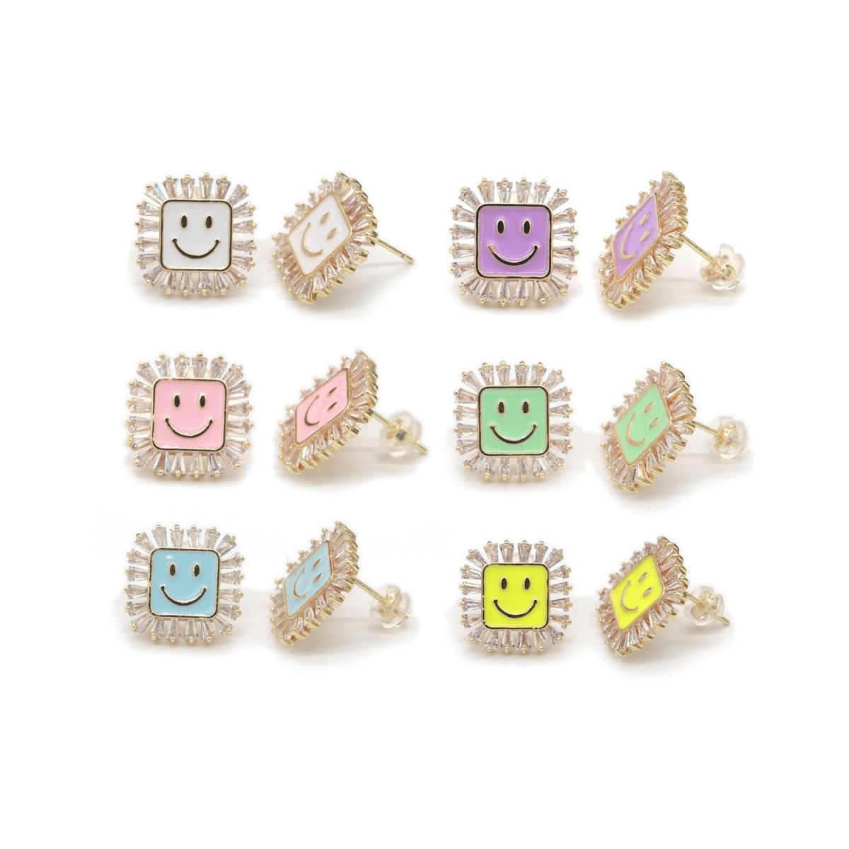1 pair Dainty Happy face Square stud earrings, gold Enamel smile stud, smiley earrings, kawaii Cute earring emoji earrings korean earring - DLUXCA