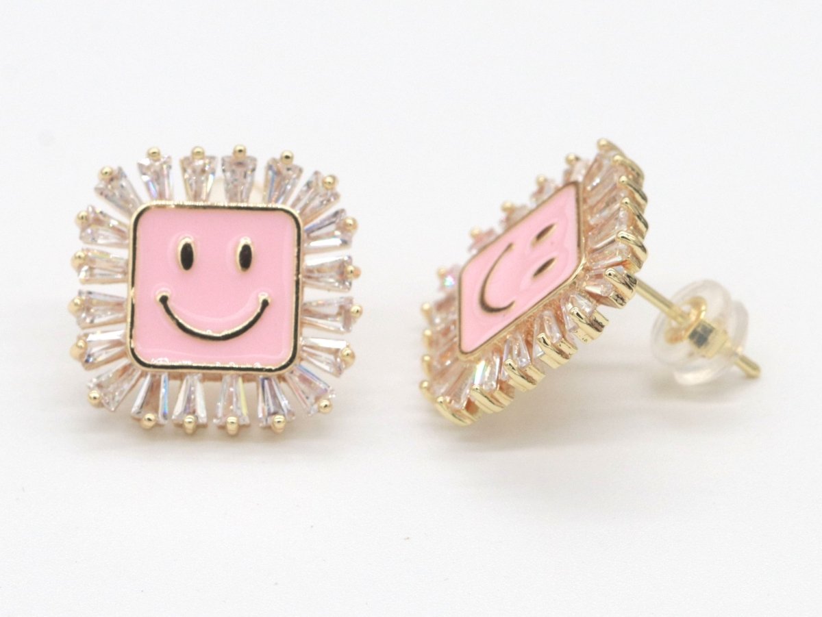 1 pair Dainty Happy face Square stud earrings, gold Enamel smile stud, smiley earrings, kawaii Cute earring emoji earrings korean earring - DLUXCA