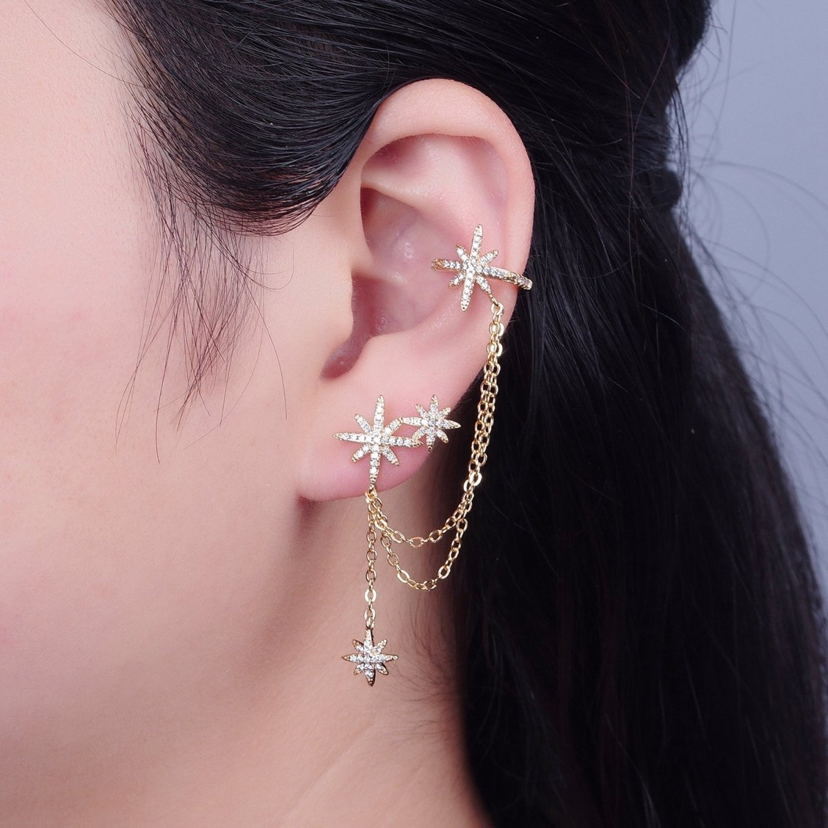 1 pair Gold Filled Statement North Star Stud Earring with Ear Cuff Star For Celestial Jewelry T-471 - DLUXCA