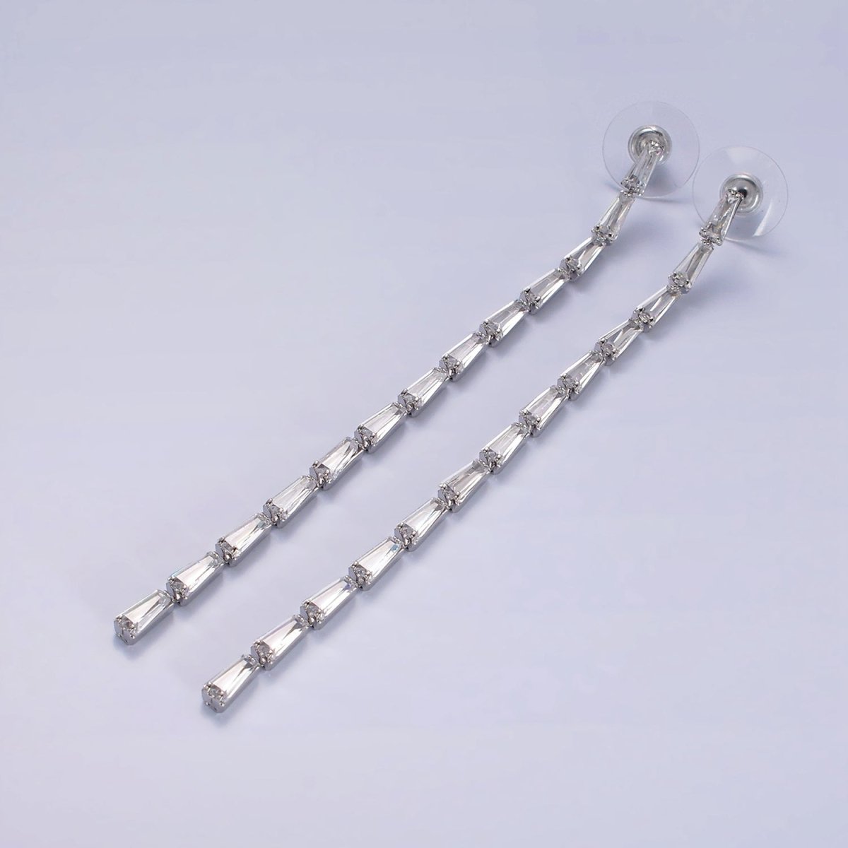 100mm Clear Baguette CZ Linear Drop Stud Earrings in Gold & Silver | AE289 AE290 - DLUXCA