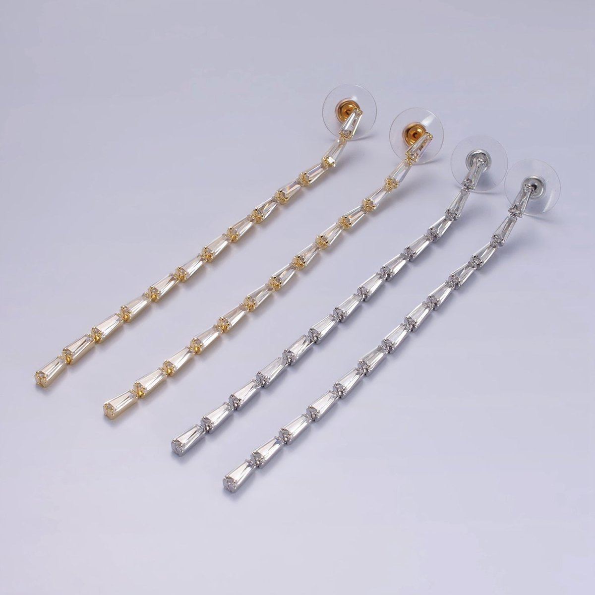 100mm Clear Baguette CZ Linear Drop Stud Earrings in Gold & Silver | AE289 AE290 - DLUXCA