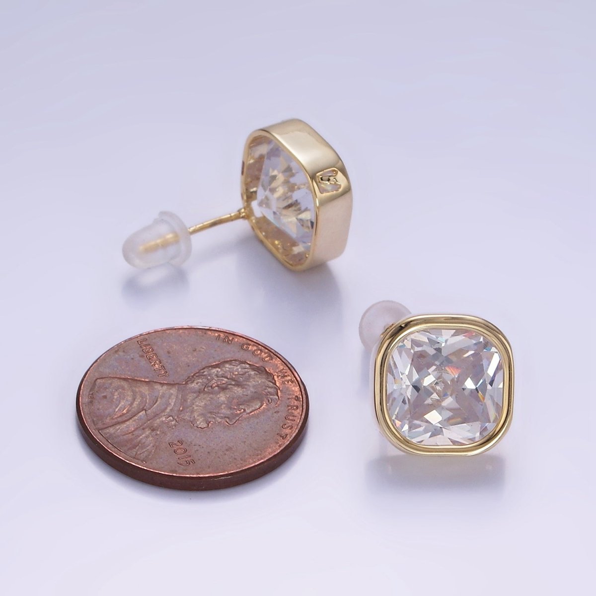 10mm Clear CZ Square Bezel Stud Earrings in Gold & Silver | V514 V515 - DLUXCA