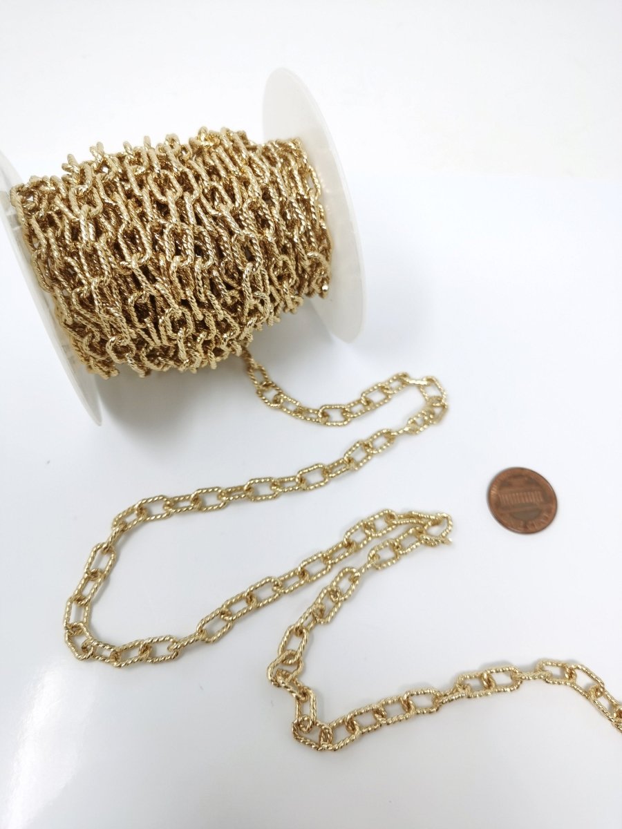 10x6mm 24k Gold Filled Paper Clip Chain Twisted Texturized Tubed Chain, Elongated Oval Chain by Yard for Necklace Bracelet Supply | ROLL-088 Clearance Pricing - DLUXCA