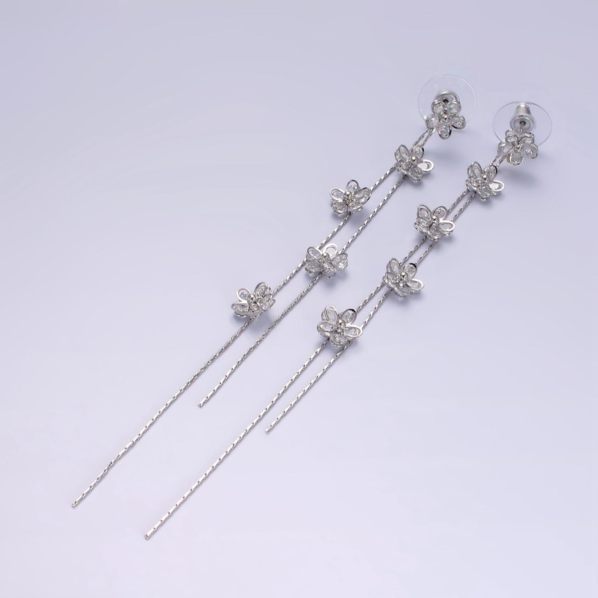115mm Multiple Clear CZ Flower Double Linear Drop Stud Earrings in Gold & Silver | AE279 AE280 - DLUXCA