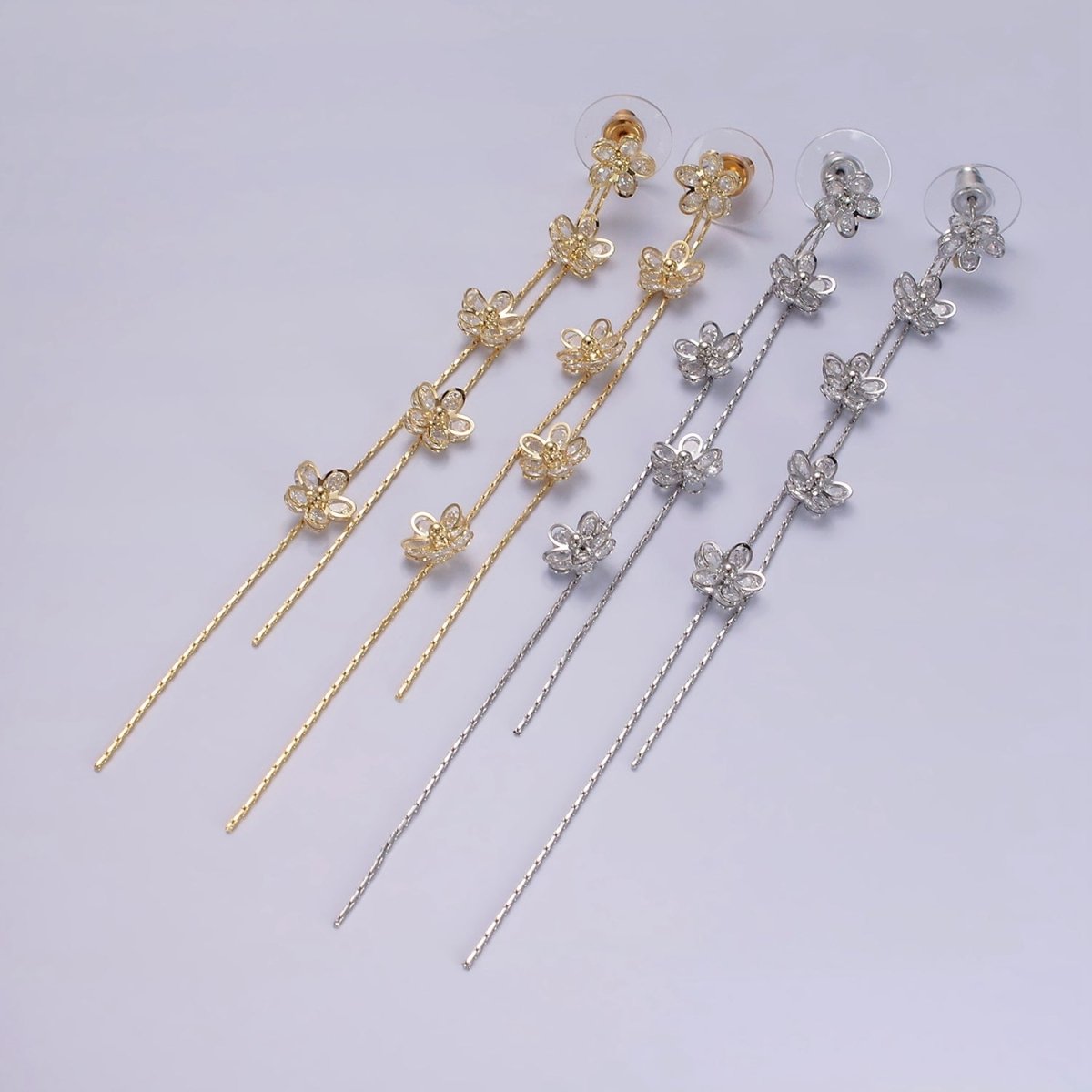 115mm Multiple Clear CZ Flower Double Linear Drop Stud Earrings in Gold & Silver | AE279 AE280 - DLUXCA