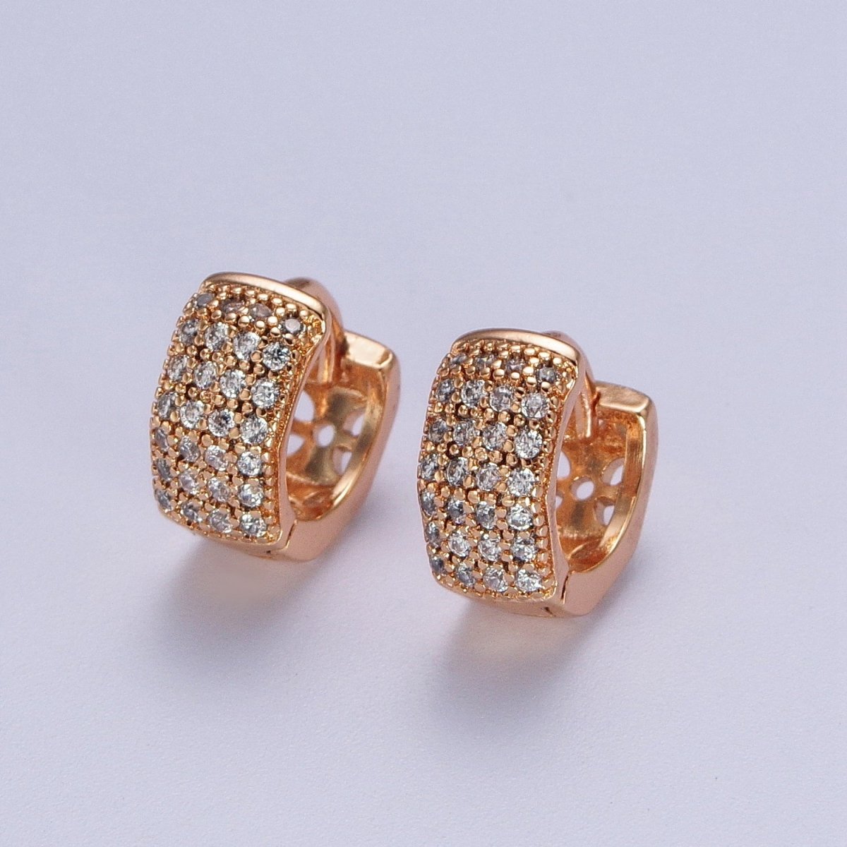 11mm Wide Hexagonal Clear Micro Paved CZ Huggie Earrings in Silver & Pinky Gold P-077 AB-010 - DLUXCA