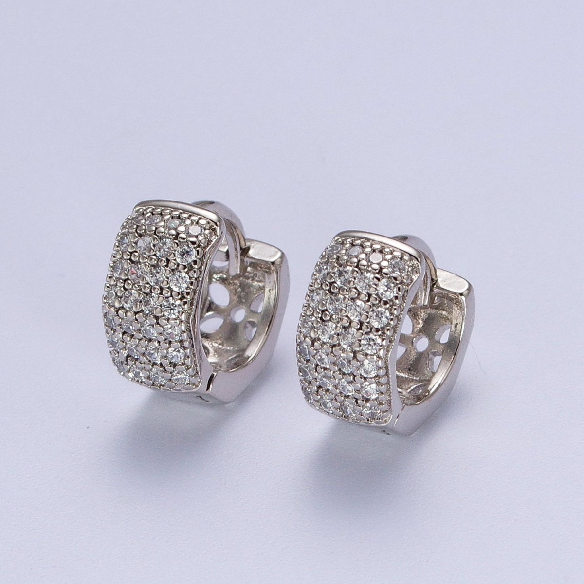 11mm Wide Hexagonal Clear Micro Paved CZ Huggie Earrings in Silver & Pinky Gold P-077 AB-010 - DLUXCA