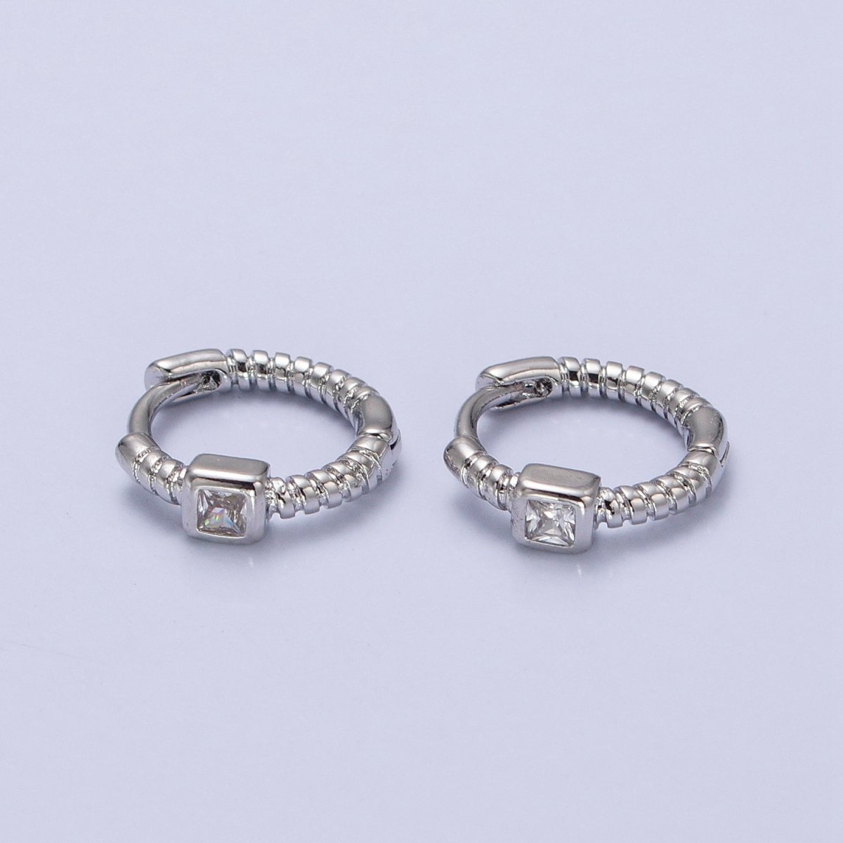 12.5mm Twisted Clear Square CZ Line Textured Huggie Earrings in Gold & Silver | AB410 AB411 - DLUXCA