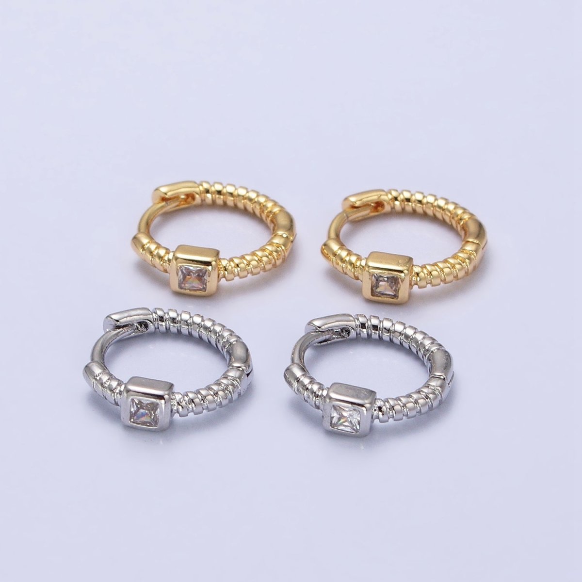 12.5mm Twisted Clear Square CZ Line Textured Huggie Earrings in Gold & Silver | AB410 AB411 - DLUXCA