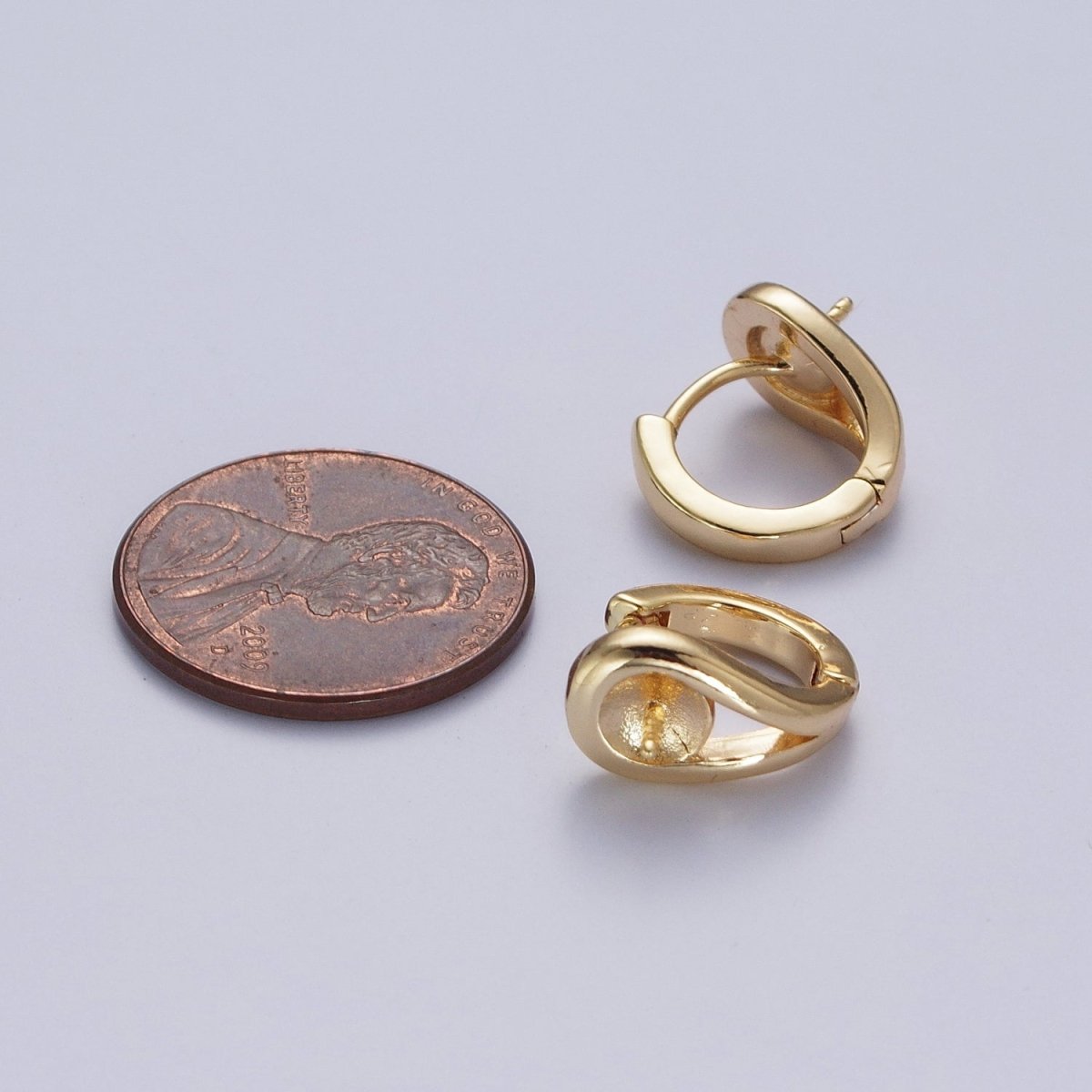 13mm Gold Huggie Hoops Earring with Half Drilled Pearl Bead Earring Making Findings L-874 - DLUXCA