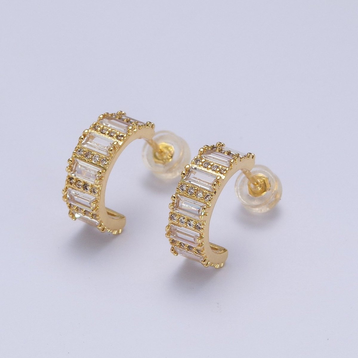 14.5mm Clear Baguette Micro Paved CZ Band C-Shaped Gold Stud Hoops Earrings | AB008 - DLUXCA