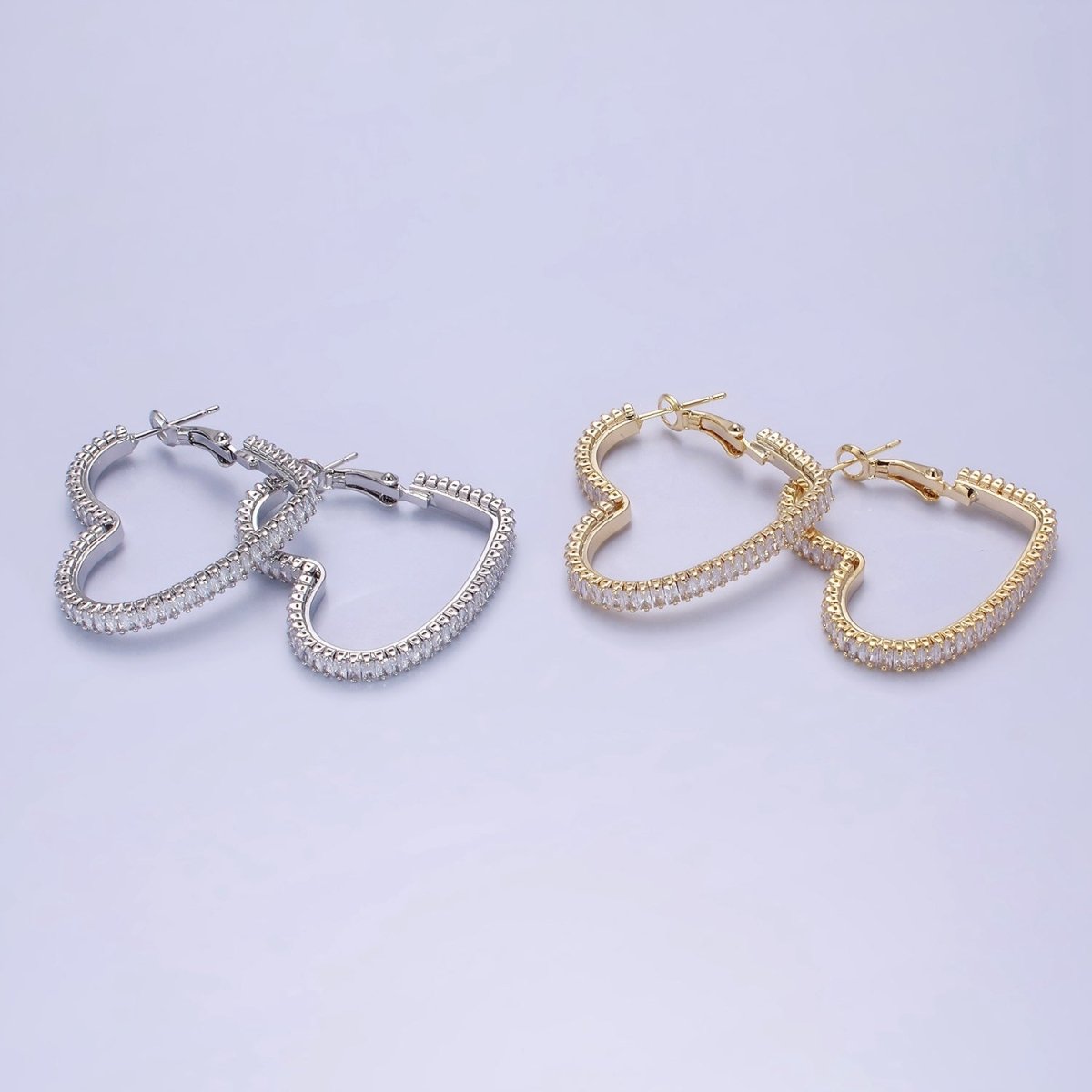 14K Filled CZ Baguette Lined Heart Hinge Hoop Earrings in Gold & Silver | AE495 AE496 - DLUXCA