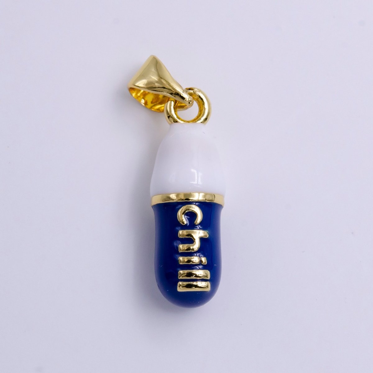 14K Gold "Chill" Script Dark Blue Enamel Oblong Pill Pendant | AA777 - DLUXCA