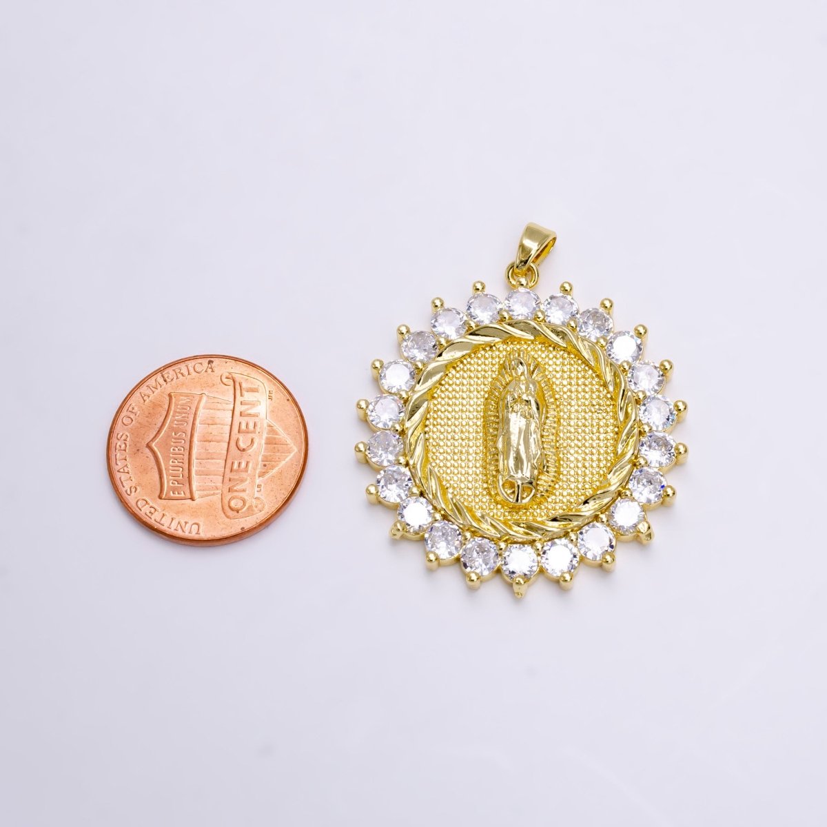 14K Gold Filed Our Mother Virgin Mary Lady of Lourdes Catholic Braided Swirl Sunburst Micro Pave CZ Round Charm | N-1459 - DLUXCA