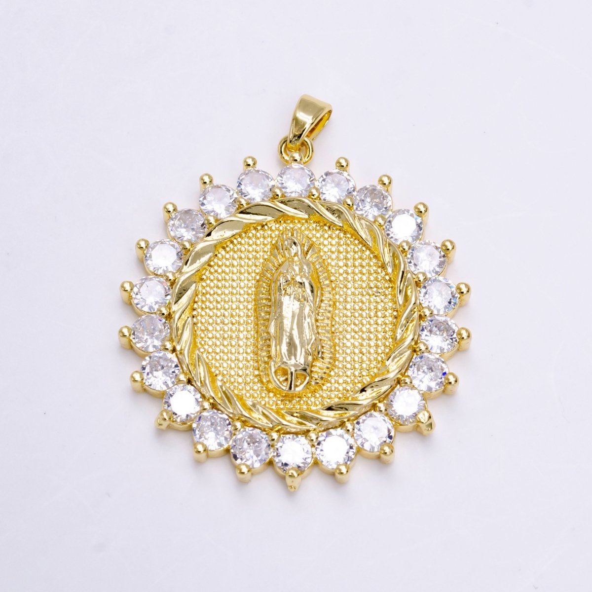 14K Gold Filed Our Mother Virgin Mary Lady of Lourdes Catholic Braided Swirl Sunburst Micro Pave CZ Round Charm | N-1459 - DLUXCA