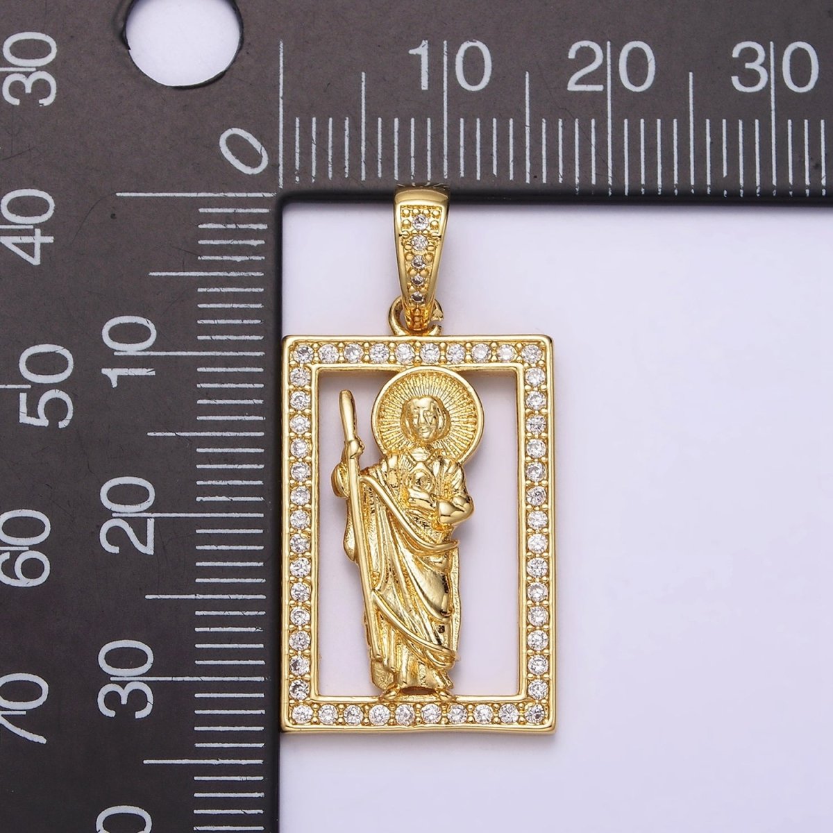 14K Gold Filed Religious Saint Jude Open Rectangular Clear Micro Paved CZ Bail Pendant | AA637 - DLUXCA