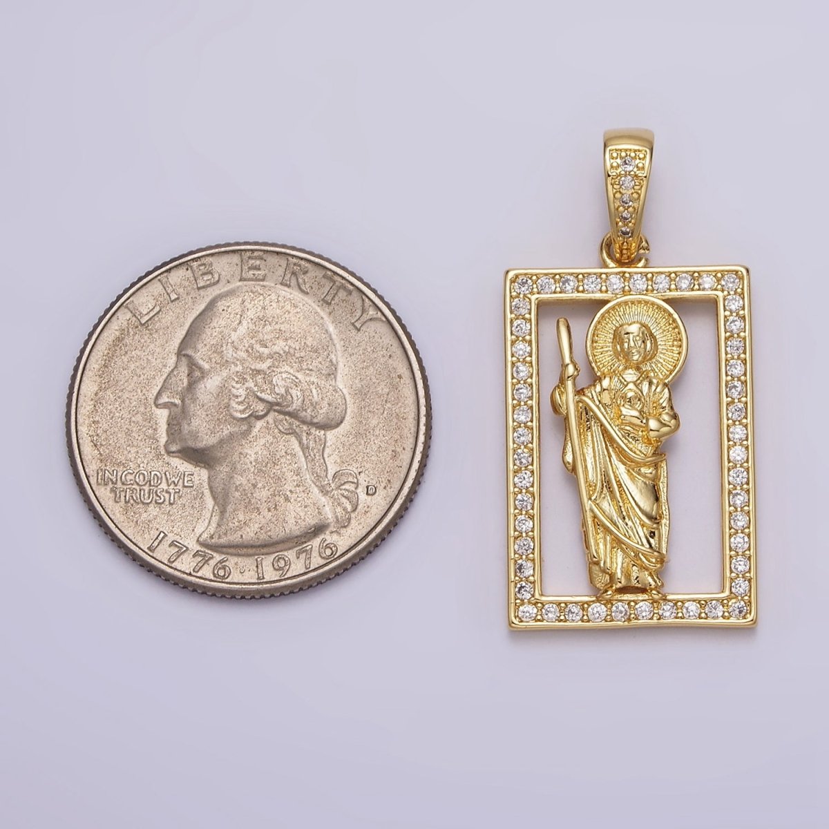 14K Gold Filed Religious Saint Jude Open Rectangular Clear Micro Paved CZ Bail Pendant | AA637 - DLUXCA