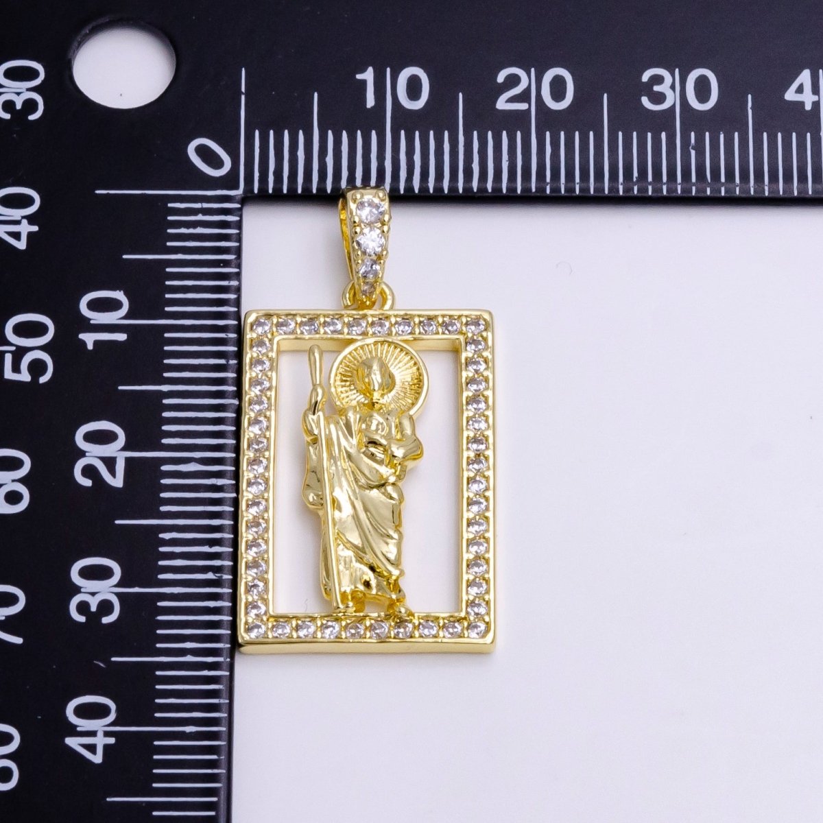 14K Gold Filed Religious Saint Jude Rectangular Clear Micro Paved CZ Bail Pendant | AA502 - DLUXCA