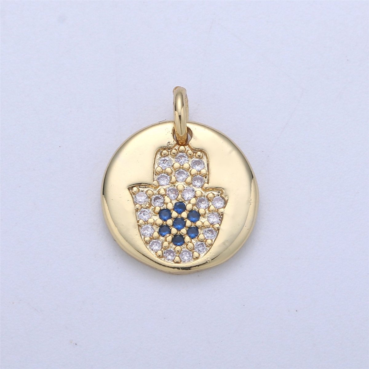 14k Gold fill Hamsa Hand, Evil Eye Coin Charm Diamond CZ 11mm Blue CZ Drop Charm Cubic Protector Pendant Tiny Lucky Dainty Necklace Bracelet C-837 C-838 - DLUXCA