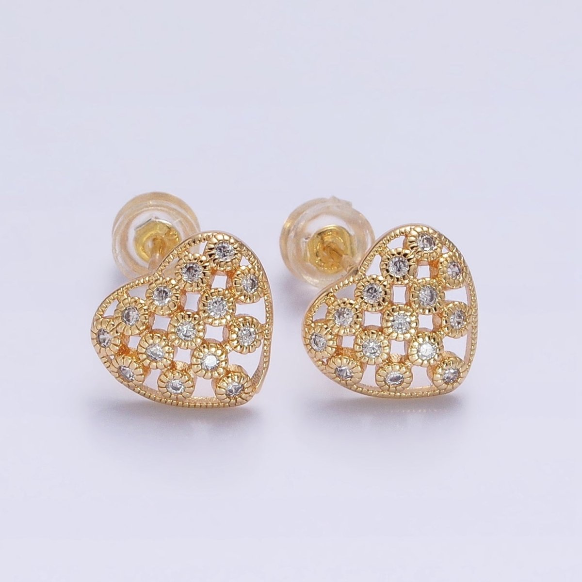 14K Gold Filled 10mm Clear CZ Lined Open Heart Stud Earrings in Gold & Silver | AB1014 AB1015 - DLUXCA