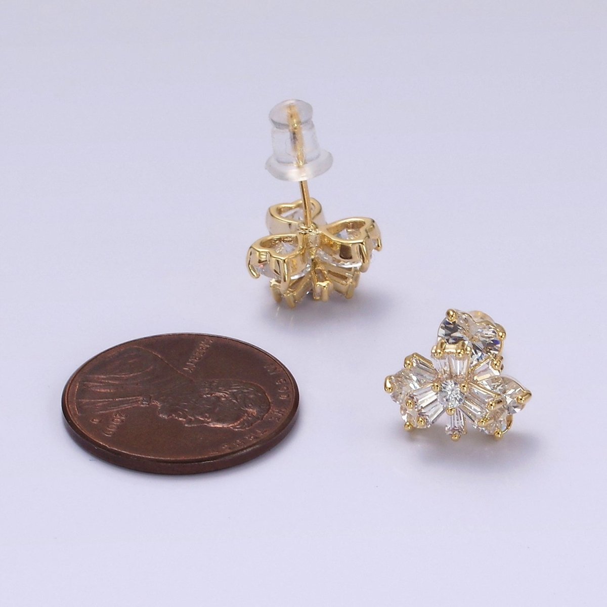 14K Gold Filled 10mm Flower Nature Clear CZ Baguette Stud Earrings | V266 - DLUXCA