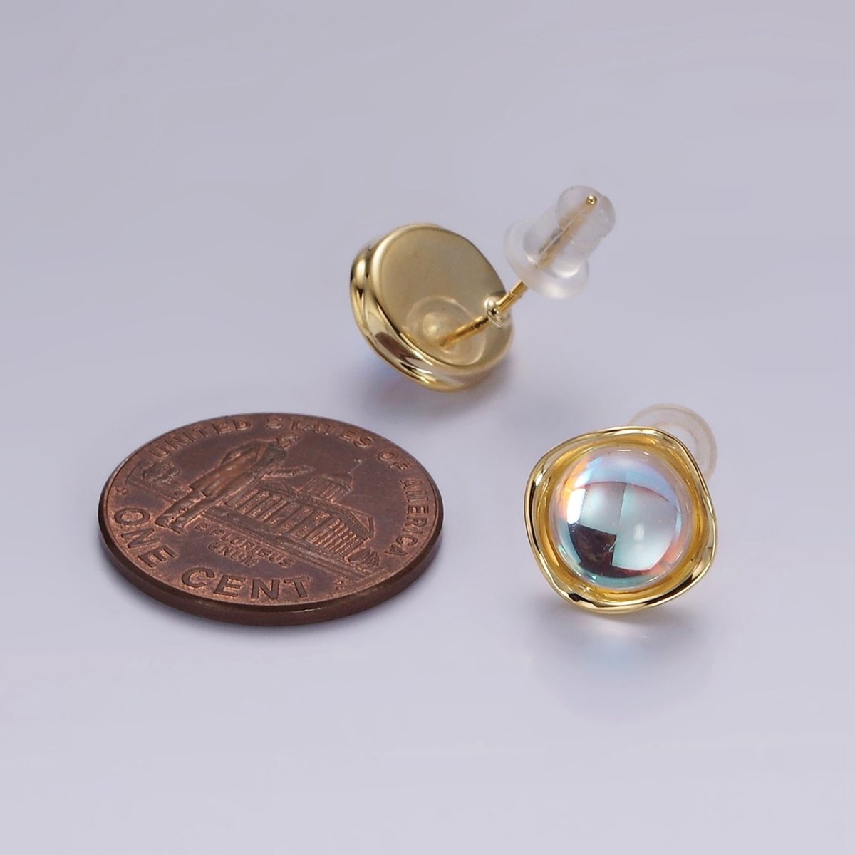14K Gold Filled 10mm Iridescent CZ Rounded Square Bezel Stud Earrings | V314 - DLUXCA