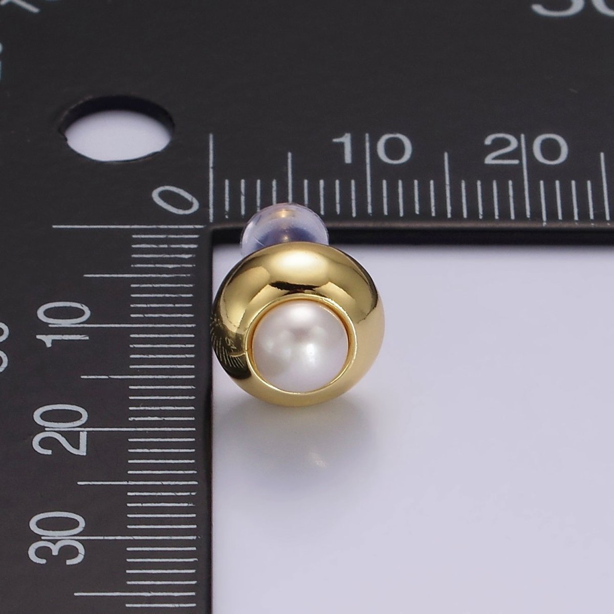 14K Gold Filled 10mm Pearl Round Bezel Stud Earrings | V-256 - DLUXCA