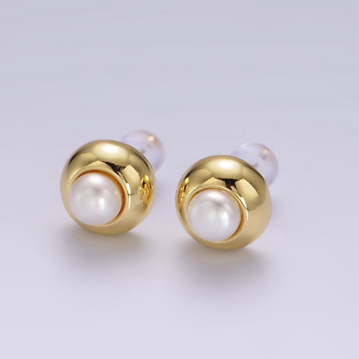 14K Gold Filled 10mm Pearl Round Bezel Stud Earrings | V-256 - DLUXCA