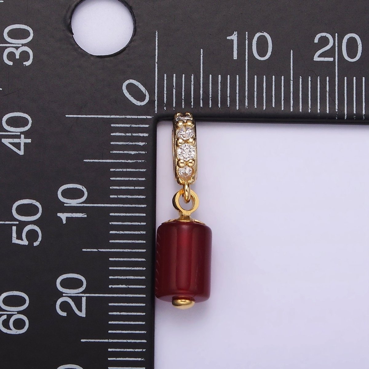 14K Gold Filled 10mm Red Carnelian Gemstone Tube Clear Micro Paved CZ Bail Pendant | N1865 - DLUXCA