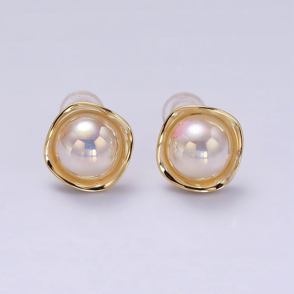 14K Gold Filled 10mm Round Iridescent Pearl Round Square Bezel Stud Earrings | V275 - DLUXCA