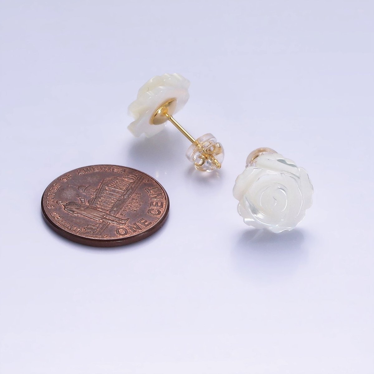 14K Gold Filled 10mm White Rose Flower Shell Pearl Stud Earrings | AB1139 - DLUXCA