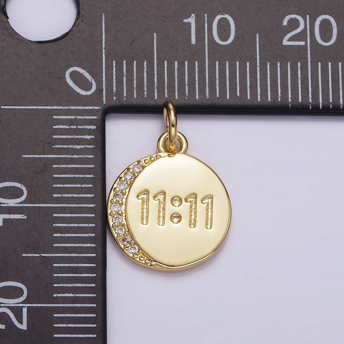 14K Gold Filled "11:11" Number Engraved Micro Paved CZ Crescent Moon Round Charm | N-937 - DLUXCA